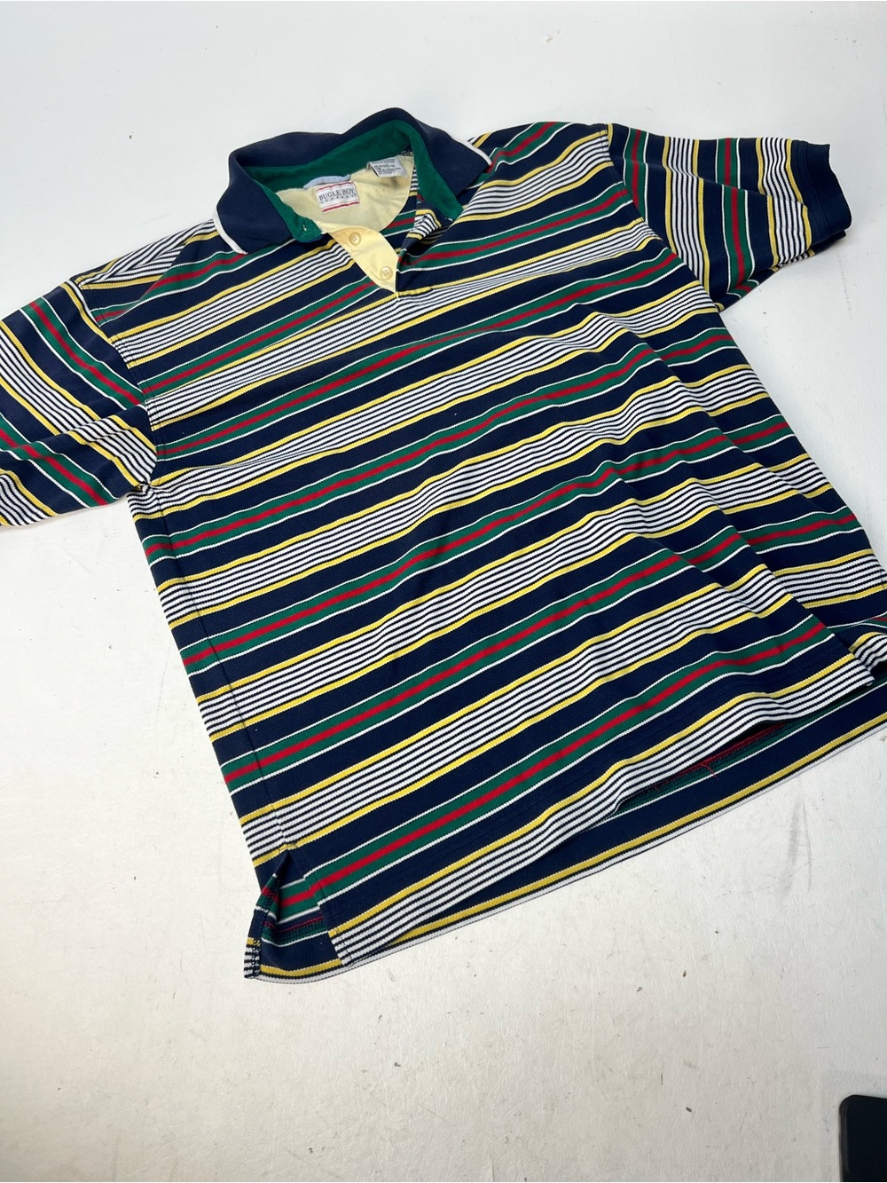 Bugle Boy Navy Striped Polo with Green, Yellow & Red Accents